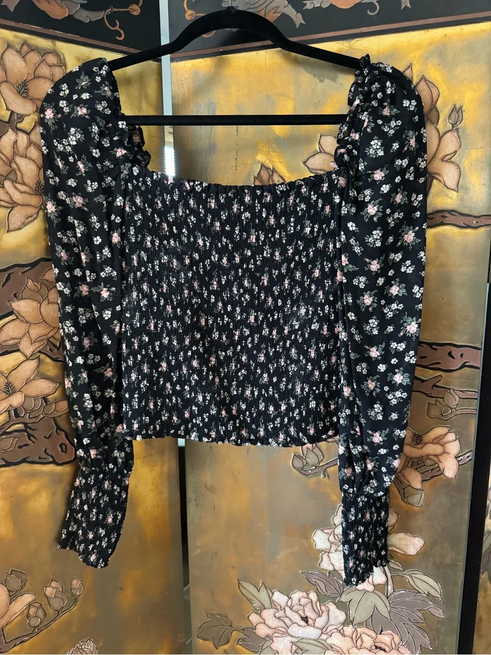 Reformation Black Smocked Floral Top